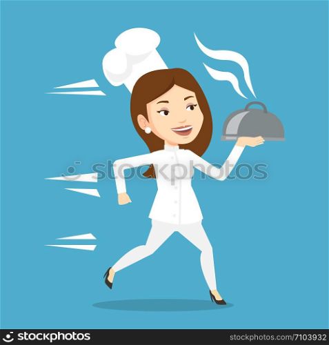 Caucasian female chef cook in a cap and white uniform running. Young cheerful chef cook holding a cloche. Smiling chef cook fast running with a cloche. Vector flat design illustration. Square layout.. Running chef cook vector illustration.