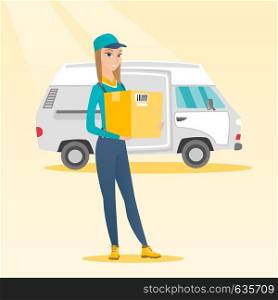Caucasian female delivery courier holding box on the background of truck. Delivery courier carrying cardboard box. Delivery courier with box in hands. Vector flat design illustration. Square layout.. Delivery courier carrying cardboard boxes.