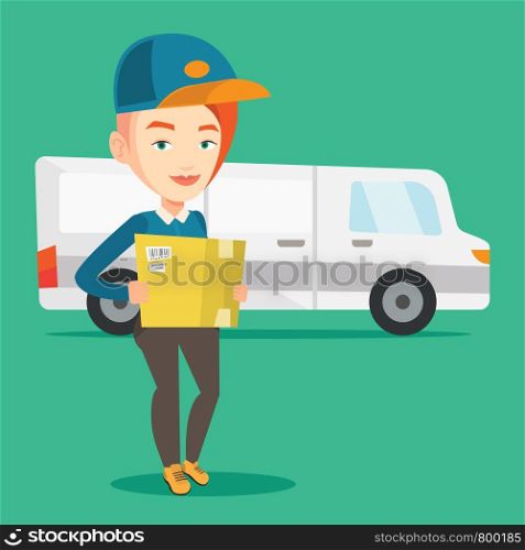 Caucasian female delivery courier holding box on the background of truck. Delivery courier carrying cardboard box. Delivery courier with box in hands. Vector flat design illustration. Square layout.. Delivery courier carrying cardboard boxes.