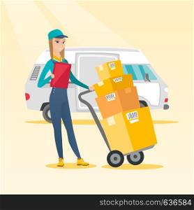 Caucasian female delivery courier with cardboard boxes on troley. Young delivery courier holding clipboard. Courier standing in front of delivery van. Vector flat design illustration. Square layout.. Delivery courier with cardboard boxes.
