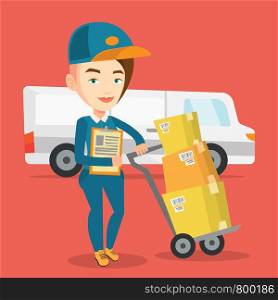 Caucasian female delivery courier with cardboard boxes on trolley. Young delivery courier holding clipboard. Courier standing in front of delivery van. Vector flat design illustration. Square layout.. Delivery courier with cardboard boxes.