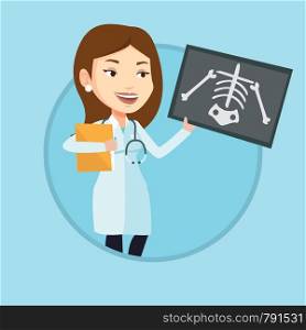 Caucasian female doctor examining a radiograph. Young doctor looking at a chest radiograph. Doctor observing a skeleton radiograph. Vector flat design illustration in the circle isolated on background. Doctor examining radiograph vector illustration.