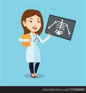 Caucasian female doctor examining a radiograph. Young smiling doctor looking at a chest radiograph. Female doctor observing a skeleton radiograph. Vector flat design illustration. Square layout.. Doctor examining radiograph vector illustration.