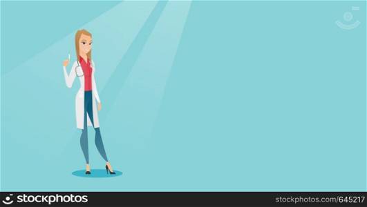 Caucasian female doctor holding a medical injection syringe. Young doctor standing with a syringe. Doctor holding a syringe ready for injection. Vector flat design illustration. Horizontal layout.. Doctor holding syringe vector illustration.