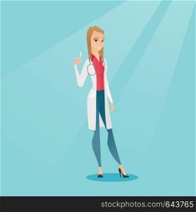 Caucasian female doctor holding a medical injection syringe. Young female doctor standing with a syringe. Doctor holding a syringe ready for injection. Vector flat design illustration. Square layout.. Doctor holding syringe vector illustration.