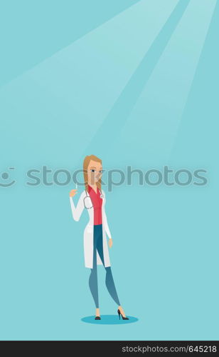 Caucasian female doctor holding a medical injection syringe. Young female doctor standing with a syringe. Doctor holding a syringe ready for injection. Vector flat design illustration. Vertical layout. Doctor holding syringe vector illustration.