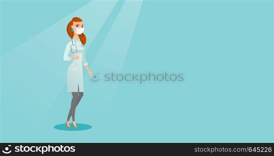 Caucasian female doctor in mask giving thumb up. Female doctor in medical gown showing thumb up gesture. Female doctor with gesture thumb up. Vector flat design illustration. Horizontal layout.. Doctor giving thumb up vector illustration.