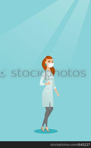 Caucasian female doctor in mask giving thumb up. Female doctor in medical gown showing thumb up gesture. Female doctor with gesture thumb up. Vector flat design illustration. Vertical layout.. Doctor giving thumb up vector illustration.