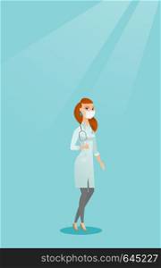 Caucasian female doctor in mask giving thumb up. Female doctor in medical gown showing thumb up gesture. Female doctor with gesture thumb up. Vector flat design illustration. Vertical layout.. Doctor giving thumb up vector illustration.