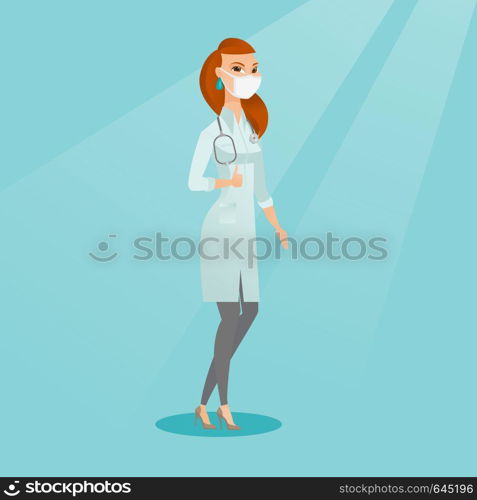 Caucasian female doctor in mask giving thumbs up. Female doctor in medical gown showing thumbs up gesture. Female doctor with gesture thumb up. Vector flat design illustration. Square layout.. Doctor giving thumbs up vector illustration.