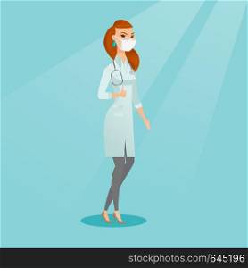 Caucasian female doctor in mask giving thumbs up. Female doctor in medical gown showing thumbs up gesture. Female doctor with gesture thumb up. Vector flat design illustration. Square layout.. Doctor giving thumbs up vector illustration.