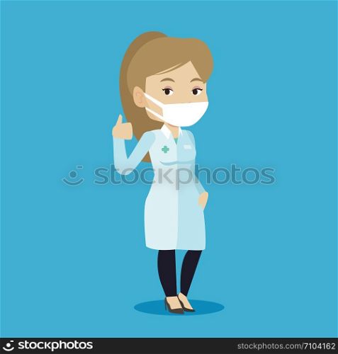 Caucasian female doctor in mask giving thumbs up. Female doctor in medical gown showing thumbs up gesture. Female doctor with gesture thumb up. Vector flat design illustration. Square layout.. Doctor giving thumbs up vector illustration.