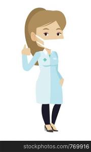 Caucasian female doctor in mask giving thumbs up. Doctor in medical gown showing thumbs up gesture. Female doctor with gesture thumb up. Vector flat design illustration isolated on white background.. Doctor giving thumbs up vector illustration.