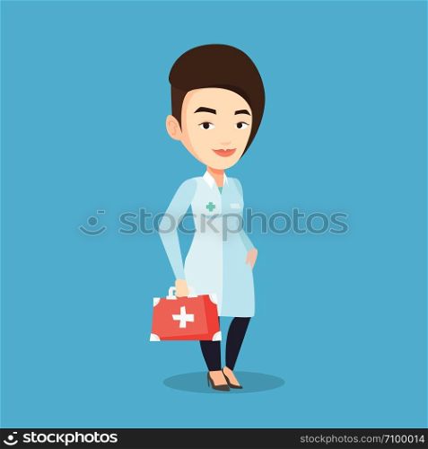 Caucasian female doctor in medical gown holding first aid box. Friendly doctor in uniform standing with first aid kit. Doctor carrying first aid box. Vector flat design illustration. Square layout.. Doctor holding first aid box vector illustration.