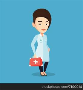 Caucasian female doctor in medical gown holding first aid box. Friendly doctor in uniform standing with first aid kit. Doctor carrying first aid box. Vector flat design illustration. Square layout.. Doctor holding first aid box vector illustration.