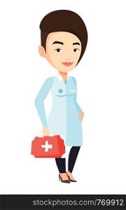 Caucasian female doctor in medical gown holding first aid box. Friendly doctor standing with first aid kit. Doctor carrying first aid box. Vector flat design illustration isolated on white background.. Doctor holding first aid box vector illustration.