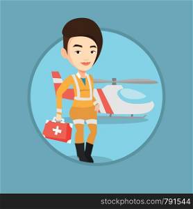 Caucasian female doctor of air ambulance standing in front of rescue helicopter. Doctor of air ambulance with first aid box. Vector flat design illustration in the circle isolated on background.. Doctor of air ambulance vector illustration.