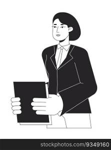Caucasian female employee holding papers bw vector spot illustration. Serious office worker 2D cartoon flat line monochromatic character for web UI design. Editable isolated outline hero image. Caucasian female employee holding papers bw vector spot illustration