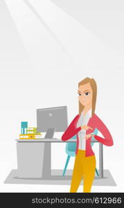 Caucasian female employer checking time of coming of latecomer employee. Young angry employer pointing at time on wrist watch. Concept of late to work. Vector flat design illustration. Vertical layout. Angry employer pointing at wrist watch.