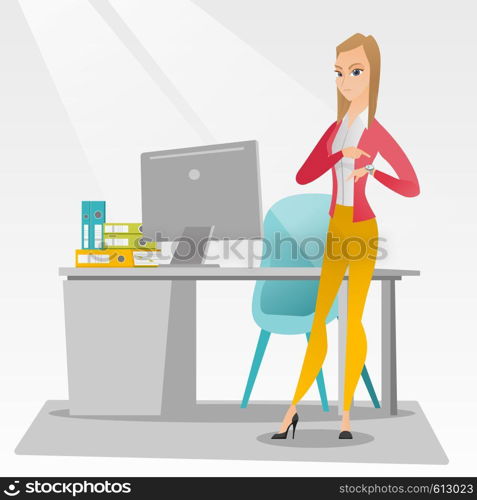 Caucasian female employer checking time of coming of latecomer employee. Young angry employer pointing at time on wrist watch. Concept of late to work. Vector flat design illustration. Square layout.. Angry employer pointing at wrist watch.