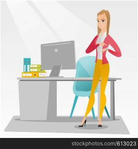 Caucasian female employer checking time of coming of latecomer employee. Young angry employer pointing at time on wrist watch. Concept of late to work. Vector flat design illustration. Square layout.. Angry employer pointing at wrist watch.