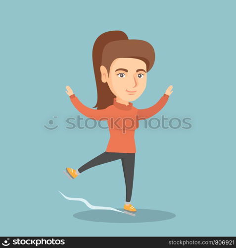 Caucasian female figure skater performing on the ice skating rink. Young figure skater dancing. Professional figure skater posing on skates. Vector cartoon illustration. Square layout.. Young caucasian female figure skater.