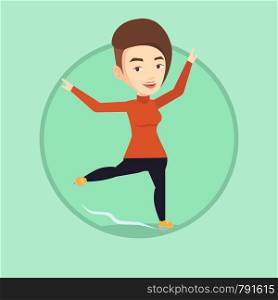 Caucasian female figure skater posing on skates. Female figure skater performing on ice skating rink. Young ice skater dancing. Vector flat design illustration in the circle isolated on background.. Female figure skater vector illustration.
