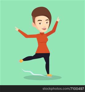 Caucasian female figure skater posing on skates. Professional female figure skater performing on ice skating rink. Young ice skater dancing. Vector flat design illustration. Square layout.. Female figure skater vector illustration.