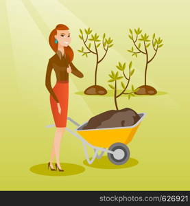 Caucasian female gardener with wheelbarrow on the background of newly planted trees. Young gardener pushing wheelbarrow with tree and dirt in the park. Vector flat design illustration. Square layout.. Woman pushing wheelbarrow with plant.