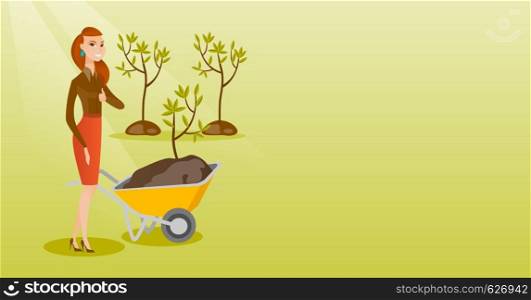 Caucasian female gardener with wheelbarrow on the background of newly planted trees. Young gardener pushing wheelbarrow with tree and dirt in park. Vector flat design illustration. Horizontal layout.. Woman pushing wheelbarrow with plant.