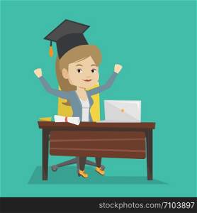 Caucasian female graduate sitting at the table with laptop and diploma. Graduate in graduation cap using laptop for education. Online graduation concept. Vector flat design illustration. Square layout. Student using laptop for education.