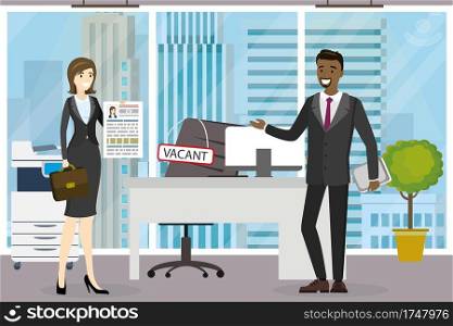 Caucasian female Job candidate  and african american male boss in modern office,chair with vacant sign, job search concept,flat vector illustration.