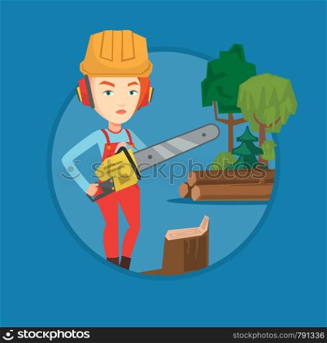 Caucasian female lumberjack holding chainsaw. Lumberjack in workwear at the forest near stump. Female lumberjack chopping wood. Vector flat design illustration in the circle isolated on background.. Lumberjack with chainsaw vector illustration.