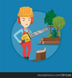 Caucasian female lumberjack holding chainsaw. Lumberjack in workwear at the forest near stump. Female lumberjack chopping wood. Vector flat design illustration in the circle isolated on background.. Lumberjack with chainsaw vector illustration.