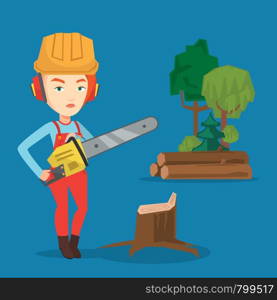 Caucasian female lumberjack holding chainsaw. Lumberjack in workwear, hard hat and headphones at the forest near stump. Female lumberjack chopping wood. Vector flat design illustration. Square layout.. Lumberjack with chainsaw vector illustration.