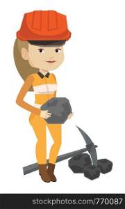 Caucasian female miner in hard hat holding coal in hands. Young female miner with a pickaxe. Female miner working at coal mine. Vector flat design illustration isolated on white background.. Miner holding coal in hands vector illustration.