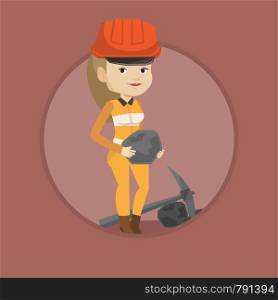 Caucasian female miner in hard hat holding coal in hands. Female miner with a pickaxe. Miner working at coal mine. Vector flat design illustration in the circle isolated on background.. Miner holding coal in hands vector illustration.