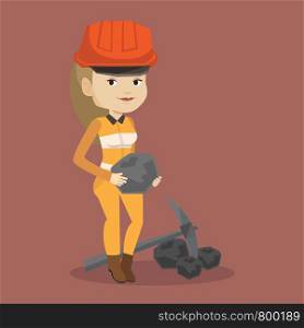 Caucasian female miner in hard hat holding coal in hands. Female miner with a pickaxe. Miner working at coal mine. Vector flat design illustration. Square layout.. Miner holding coal in hands vector illustration.