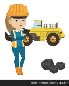 Caucasian female miner in hard hat standing on the background of excavator. Confident female miner with crossed arms standing near coal. Vector flat design illustration isolated on white background.. Miner with a big excavator on background.