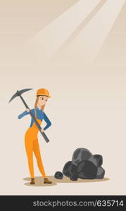 Caucasian female miner in hard hat working with a pickaxe. Female miner in helmet working at the coal mine. Young female miner at work. Vector flat design illustration. Vertical layout.. Miner working with pickaxe vector illustration.