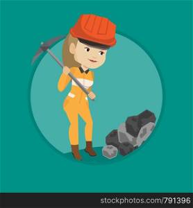 Caucasian female miner in hard hat working with a pickaxe. Female miner working at the coal mine. Young female miner at work. Vector flat design illustration in the circle isolated on background.. Miner working with pickaxe vector illustration.