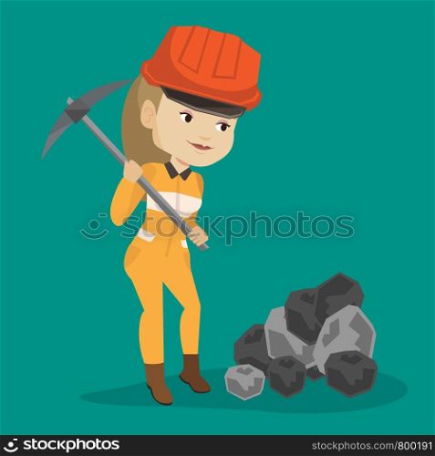 Caucasian female miner in hard hat working with a pickaxe. Female miner working at the coal mine. Young female miner at work. Vector flat design illustration. Square layout.. Miner working with pickaxe vector illustration.