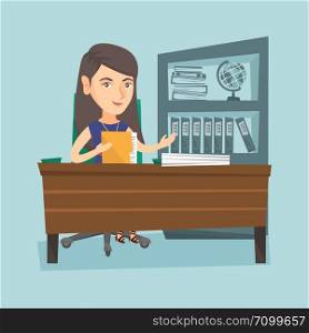 Caucasian female office worker working with documents. Young female office worker sitting at the table with documents. Office worker inspecting documents. Vector cartoon illustration. Square layout.. Caucasian office worker working with documents.