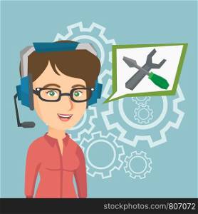 Caucasian female operator of technical support wearing headphone set. Young technical support operator and speech square with a screwdriver and a wrench. Vector cartoon illustration. Square layout.. Young caucasian technical support operator.