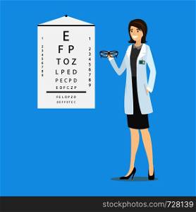 Caucasian female Ophthalmologist and stand with sight test, Ophthalmologist holding eyeglasses on the background of eye chart.cartoon vector illustration. Ophthalmologist holding eyeglasses on the background of eye cha
