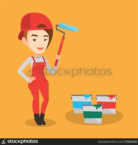 Caucasian female painter in uniform holding paint roller in hands. Young cheerful house painter at work. Smiling female painter standing near paint cans. Vector flat design illustration. Square layout. Painter holding paint roller vector illustration.