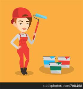 Caucasian female painter in uniform holding paint roller in hands. Young cheerful house painter at work. Smiling female painter standing near paint cans. Vector flat design illustration. Square layout. Painter holding paint roller vector illustration.