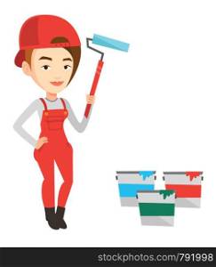 Caucasian female painter in uniform holding paint roller in hands. Young house painter at work. Female painter standing near paint cans. Vector flat design illustration isolated on white background.. Painter holding paint roller vector illustration.