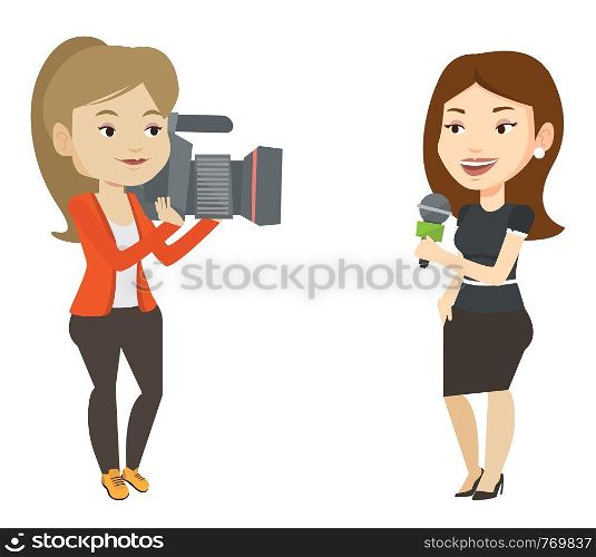 Caucasian female reporter with microphone presenting the news. Young operator filming reporter. Reporter and operator recording the news. Vector flat design illustration isolated on white background.. TV reporter and operator vector illustration.