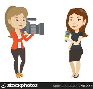 Caucasian female reporter with microphone presenting the news. Young operator filming reporter. Reporter and operator recording the news. Vector flat design illustration isolated on white background.. TV reporter and operator vector illustration.